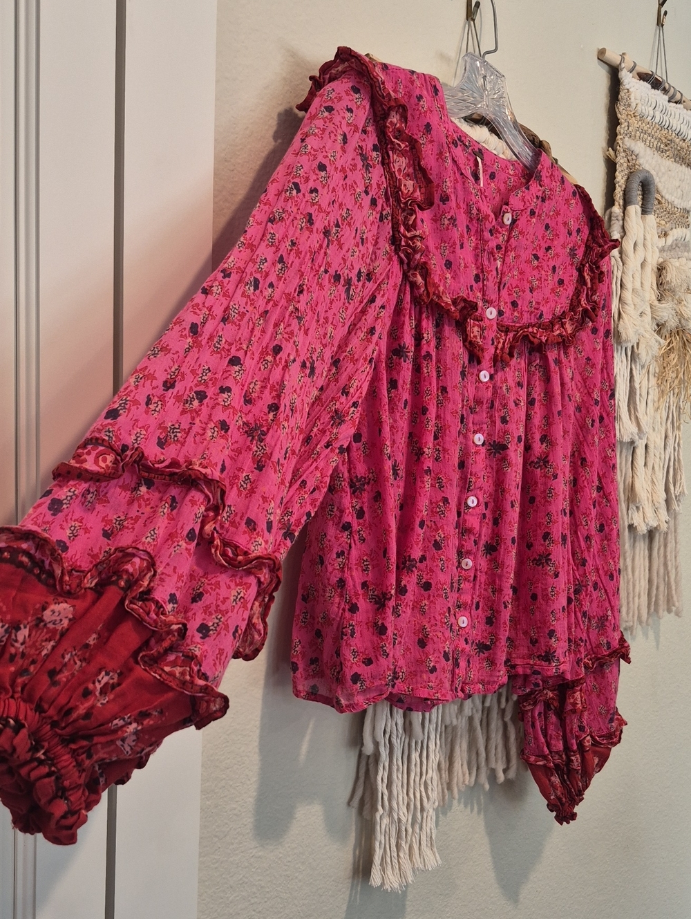 Free People Pink & Red Ruffle Detail Floral Long Sleeve Bohemian Top, XS - Picture 3 of 10